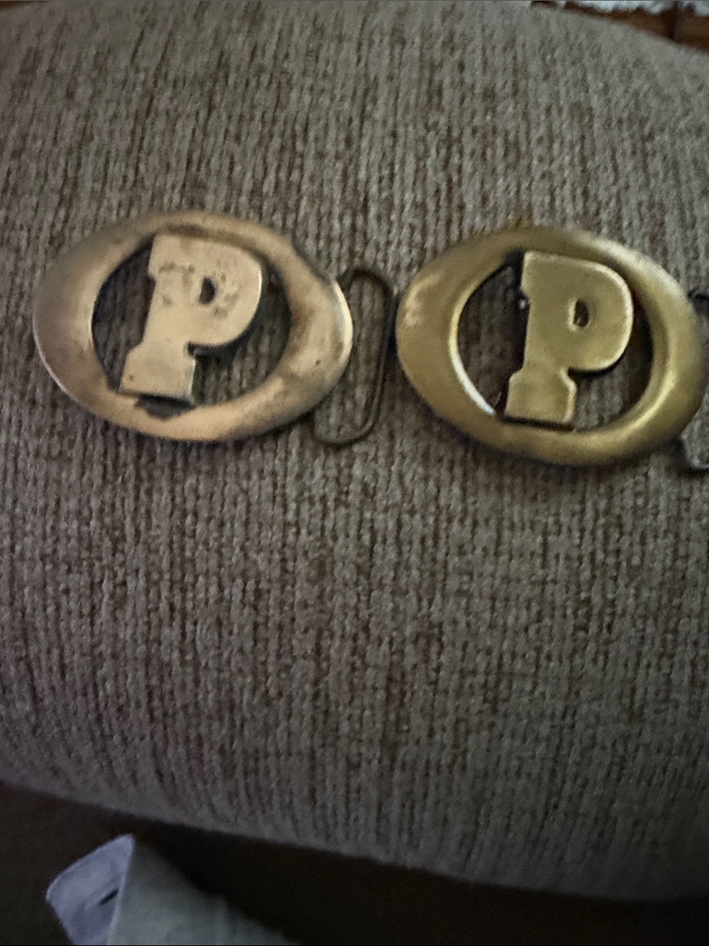 2 Belt Buckles with “P” in goldish- bronze color.